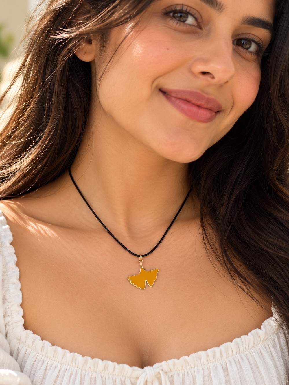 Ginkgo Leaf Pendant Necklace in Mustard and Gold